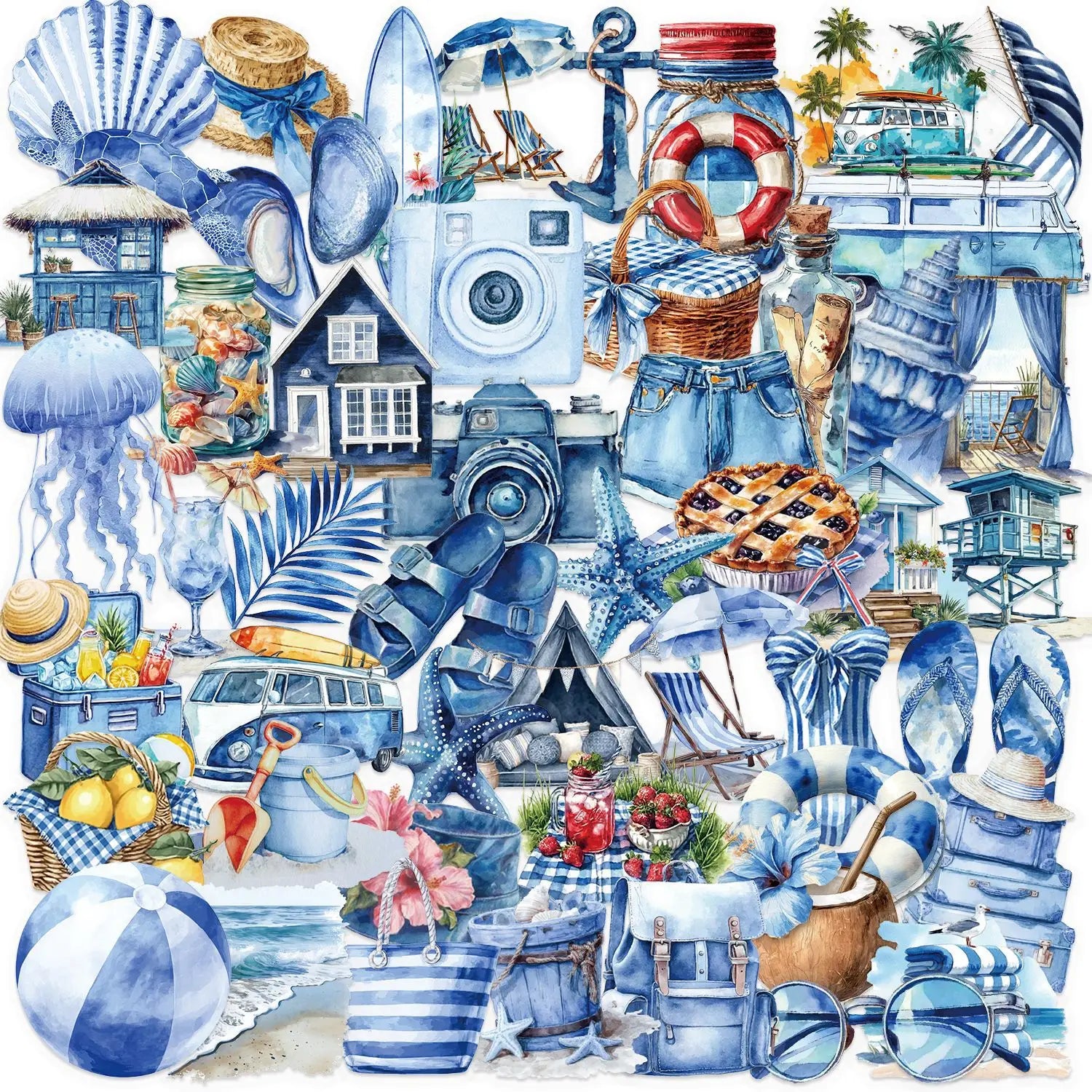 50/100 Pcs PET Clear Cartoon Blue Beach Stickers for Guitar Notebook Suitcase Phone Stationery Box File Holder Waterproof Decals