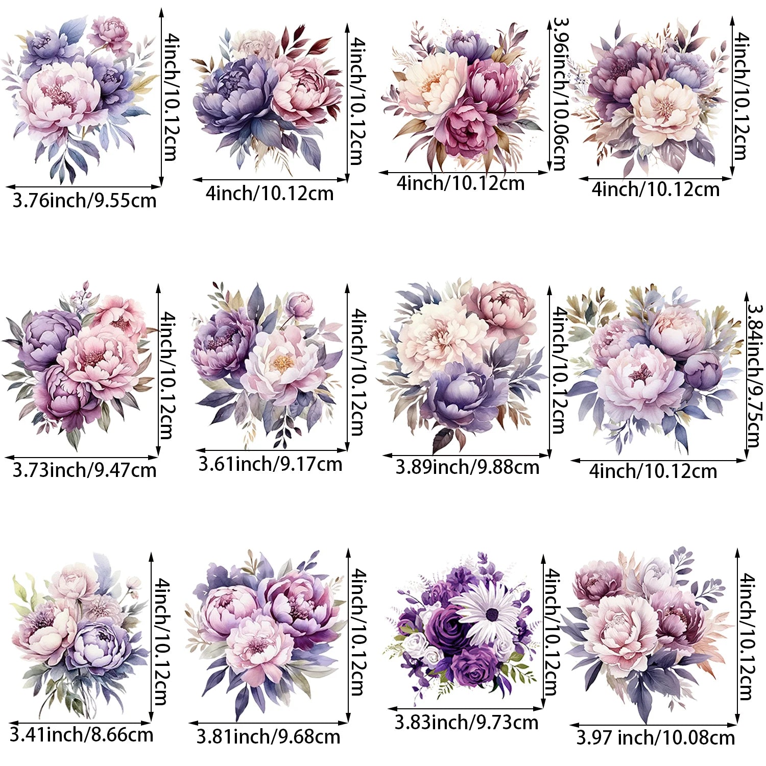12 Pack Purple Flower Theme Iron-On Transfer Stickers, Design Decals Heat Press Decals, Vinyl Heat Transfer Patches
