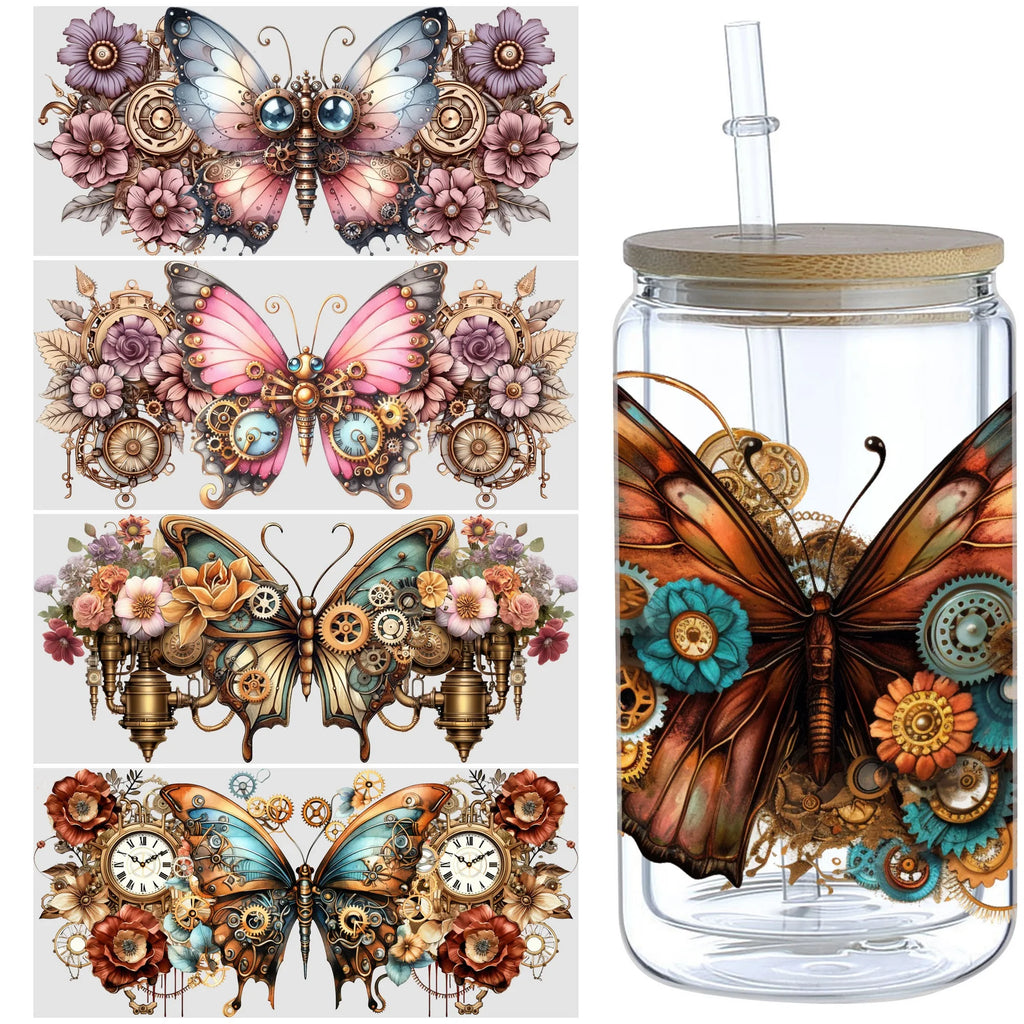 5 sheets Steampunk UV DTF Cup Stickers, DTF Friction Transfer Stickers, Waterproof Cartoon Transfer Stickers for 16oz Glass Cups