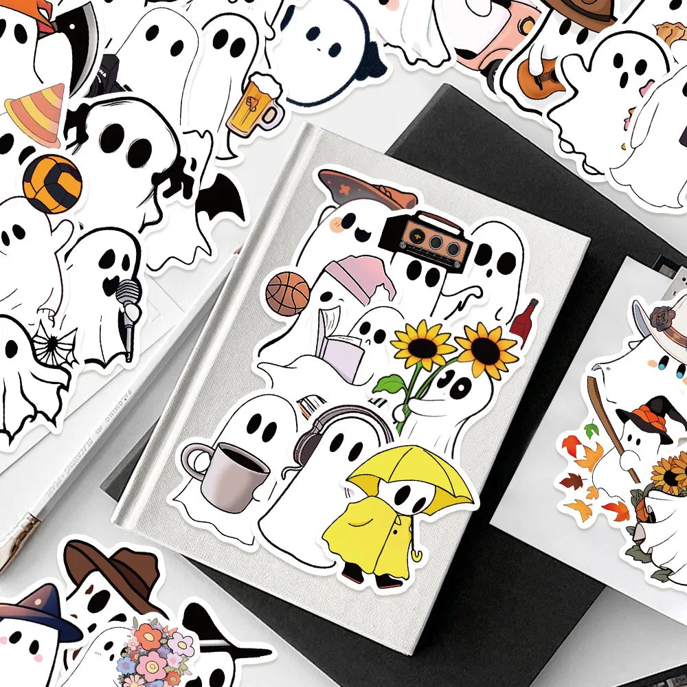 50/100PCS Little Ghost Stickers Notebook Halloween Fun Cartoon Aesthetic For Laptops Luggage Scrapbooks Bicycle Phone Sticker