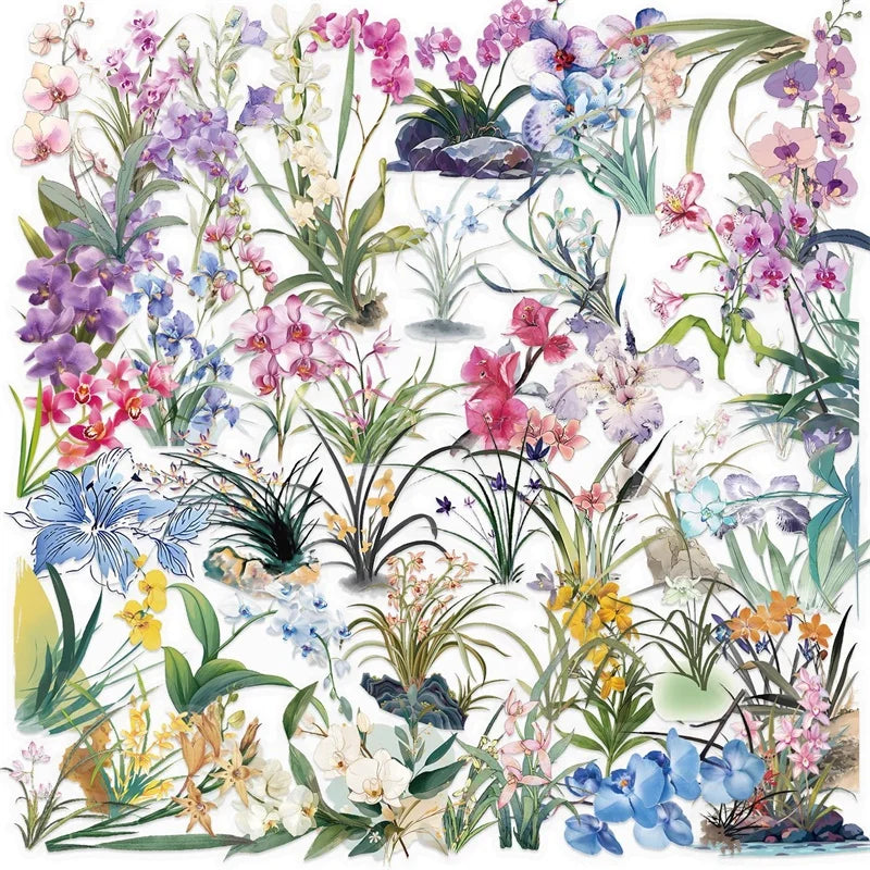 50PCS Kawaii Orchid PET Sticky Sticker Aesthetic Tear Open DIY Decoration Scrapbooking School Stationery Supplies for Kids