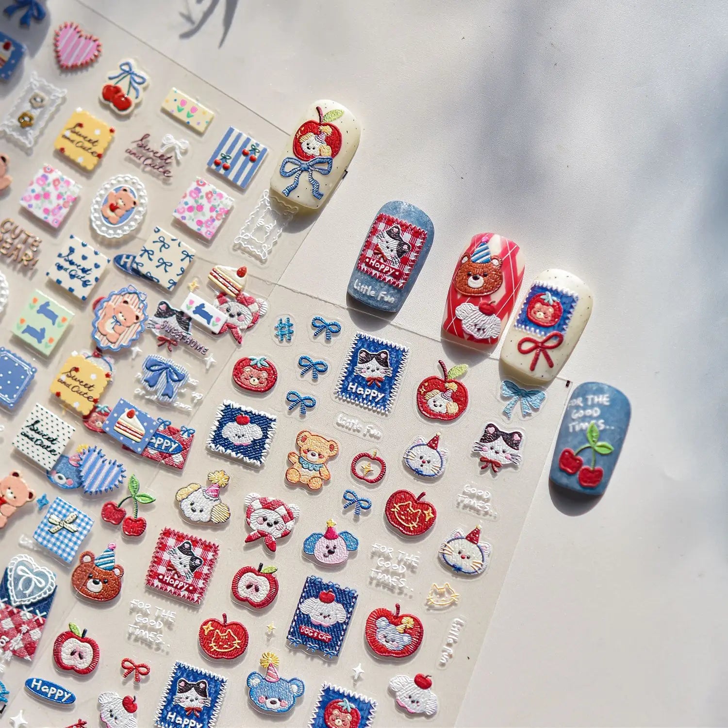 Cute Teddy Bear Sweet Home Nail Stickers 5D Softs Embossed Reliefs Nail Sticker Cherry Apple Cowboy Bow Nails Decorations Decals