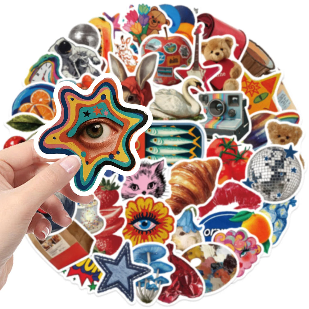 ‌50/100Pcs Retro Cartoon Aesthetic Stickers - Vintage Mix PET Waterproof Decals for Guitar, Piano, Fridge, Suitcase, Stationery