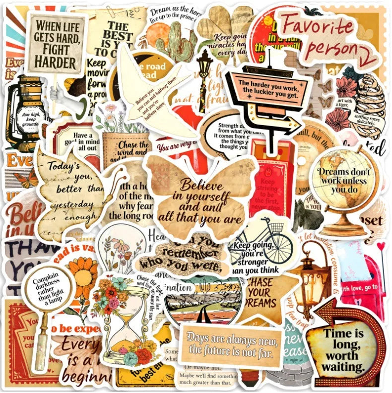 50-Piece Vintage Artistic Motivational Phrase Decals for Skateboards Water Bottles Laptops Luggage Healing Graffiti Stickers