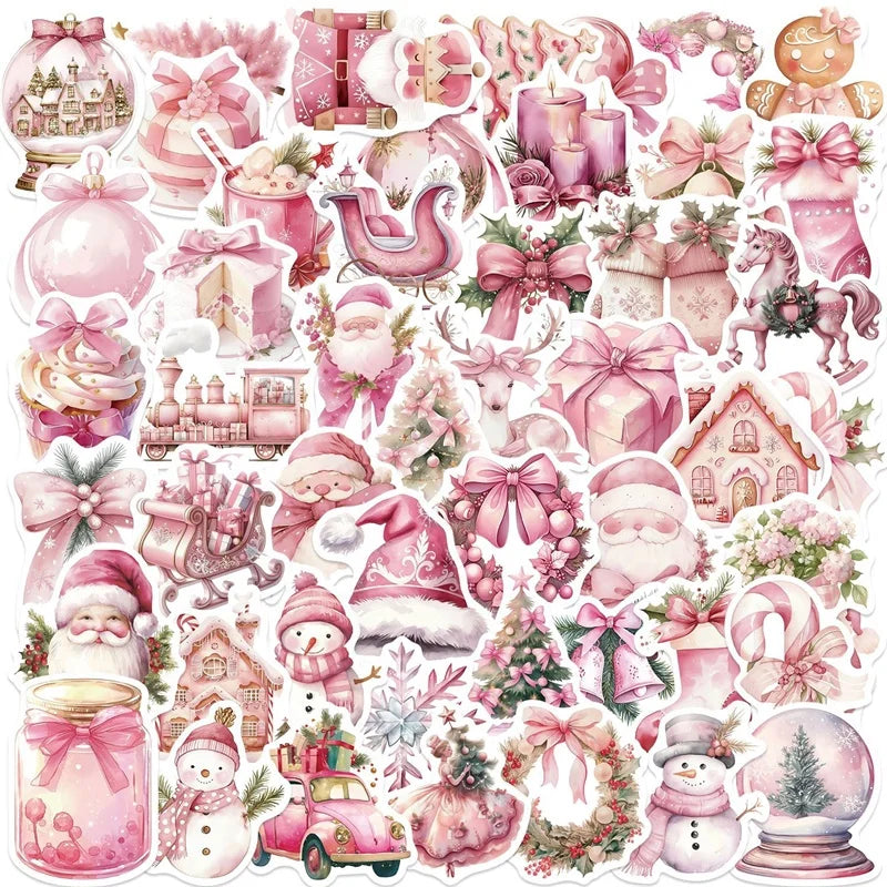10/30/50PCS Cute Pink Christmas PVC Sticky Sticker Aesthetic DIY Decoration Scrapbooking Children's School Supplies