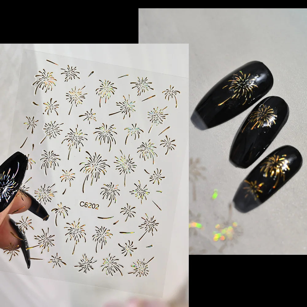 Laser Firework Nail Stickers 3D Self-Adhesive Blooming Fireworks Nail Art Decals New Year Firework Nail Decorations Slider 1pcs