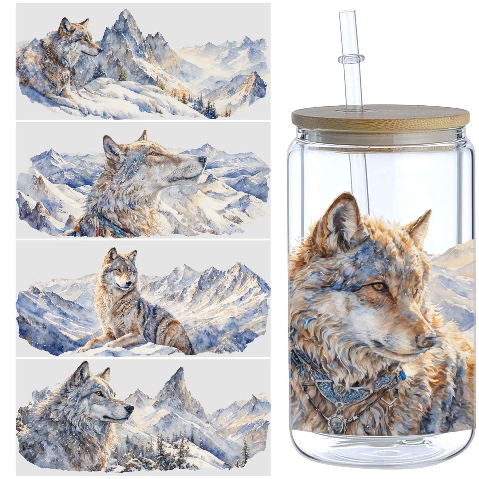 5 sheets Wolf UV DTF Cup Stickers, DTF Transfer Stickers, Waterproof Wipe Transfer Paper for 16oz Glass, Mugs, Crafts, Furniture