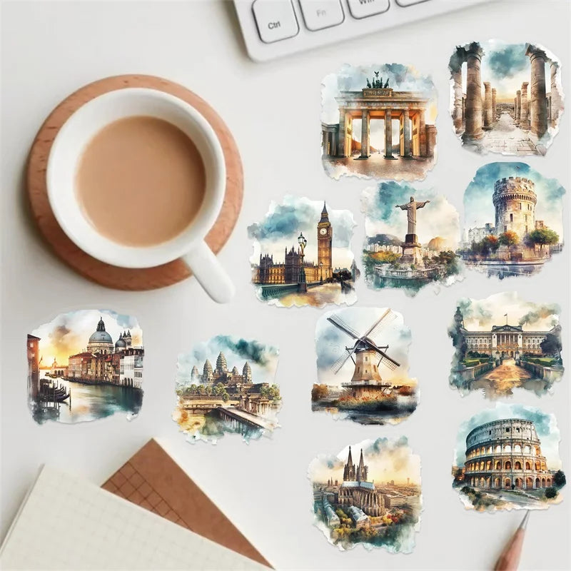 50PCS World Architecture PET Sticky Sticker Aesthetic Tear Open Decoration Scrapbooking Stationery Supplies for Kids