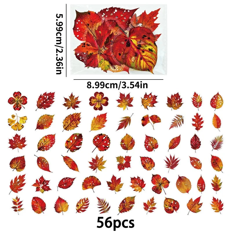 56PCS Red Leaf PET Sticky Sticker Aesthetic Tear Open DIY Decoration Scrapbooking School Stationery Supplies for Kids