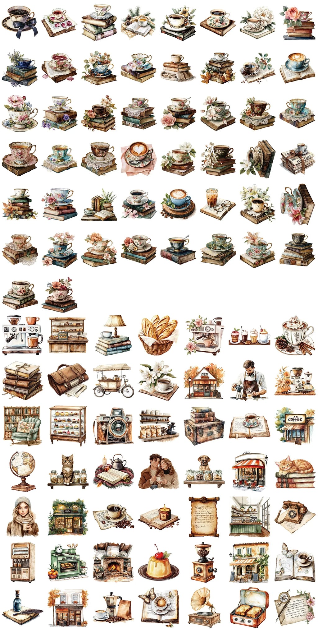 50/100Pcs Cartoon Coffee Book Theme Sticker Pack Waterproof Transparent PET Decor Decals Stationery Guitar Notebook Sticker
