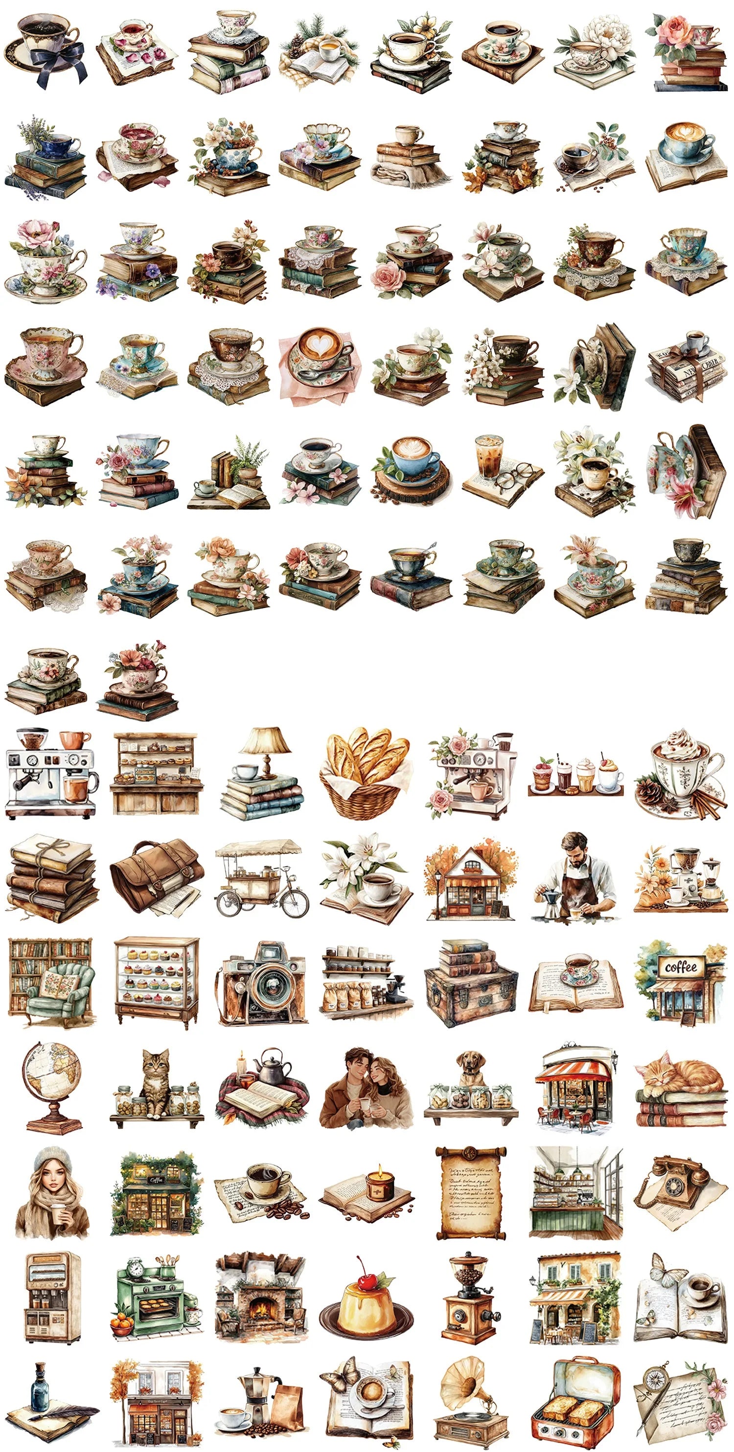 50/100Pcs Cartoon Coffee Book Theme Sticker Pack Waterproof Transparent PET Decor Decals Stationery Guitar Notebook Sticker