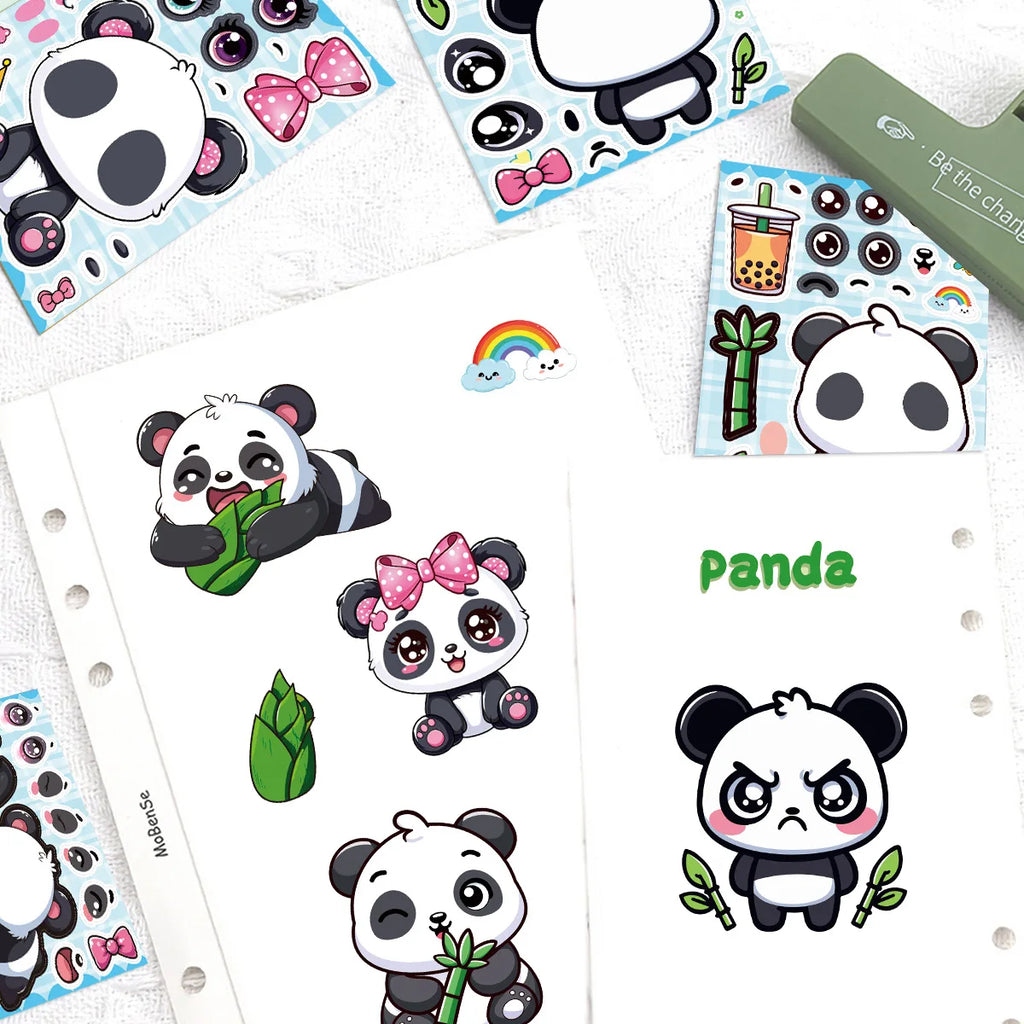 8/16/24Pcs Panda Make A Face Puzzle Stickers, Cartoon Fun Stationery Decals Phone Laptop Fridge Notebook Kids DIY Decor Stickers
