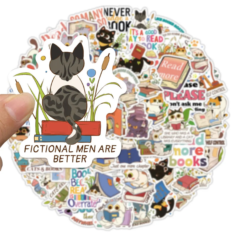 60PCS Reading Cat and Book Stickers Computer Decoration Luggage Stickers Handbooks Cute Series Materials Waterproof Stickers