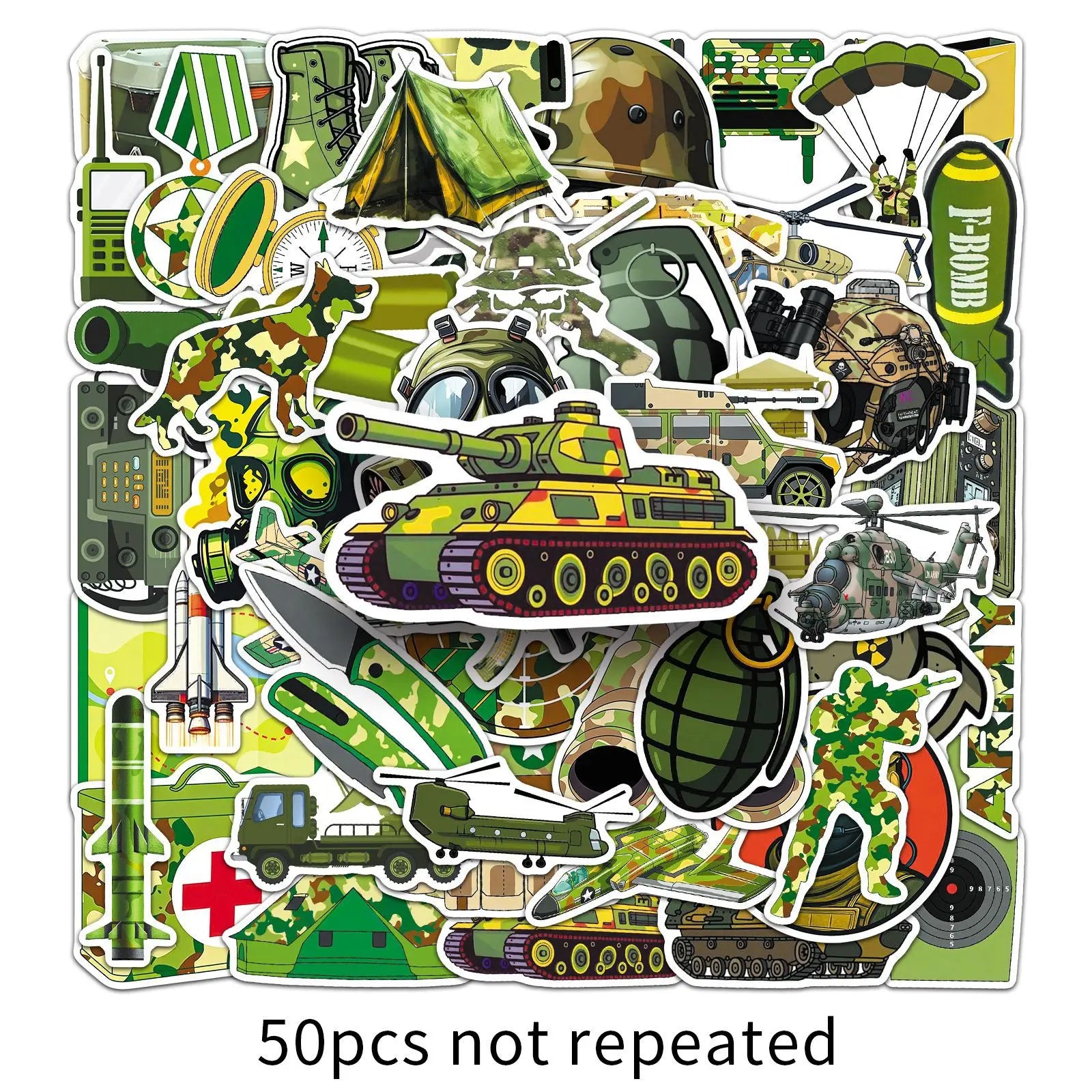 50-Pack Green Camouflage Military Gear Stickers Waterproof Cartoon Graffiti Decals for Helmet Car Phone Laptop