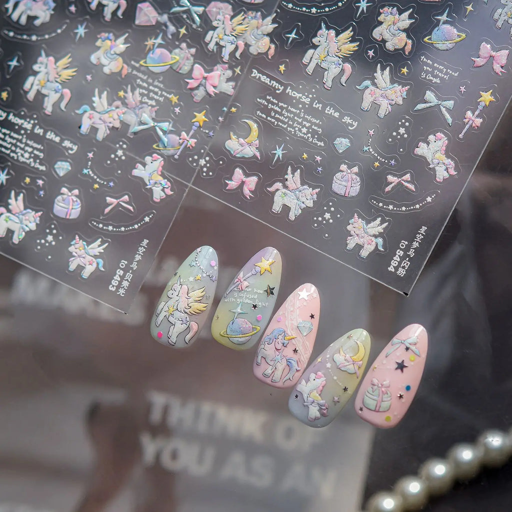 Glitter Starry Sky Dream Horse Nail 3D Decorations Stickers 5D Shell Light Dreamy Nail Art Stickers Self Adhesive Manicure Decal