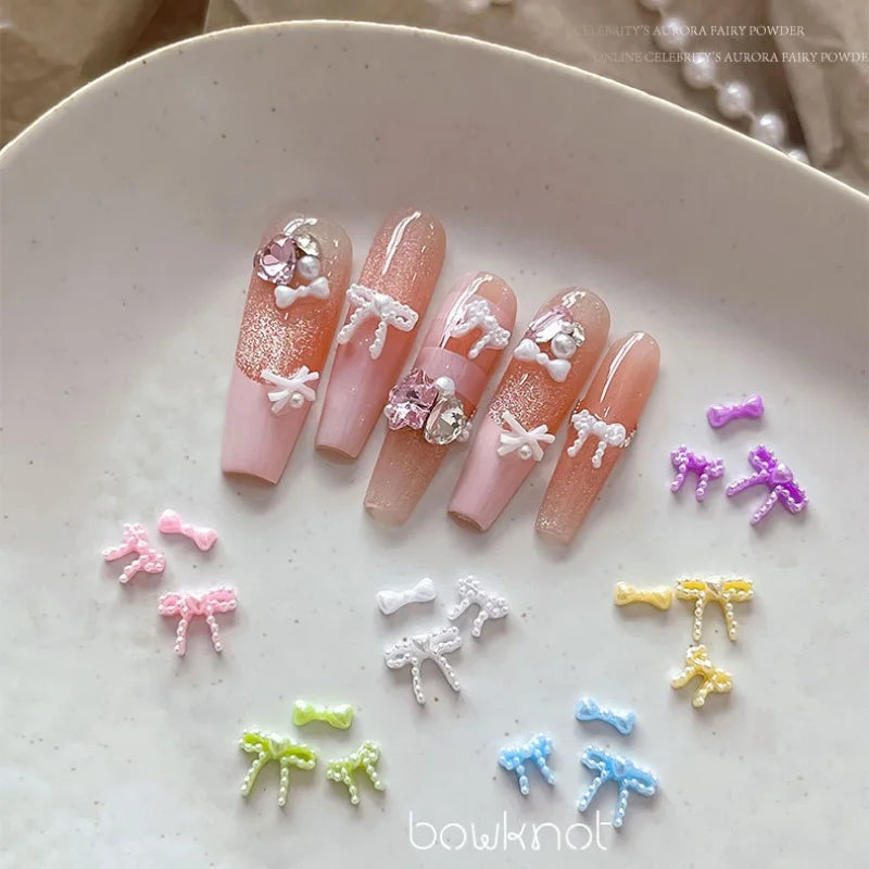 Pearlescent Bow Pearl Nail Art Accessories Mixed Colors Ribbon Bow ties Nail Charms Flatback Resin Nail Rhinestones Decorations