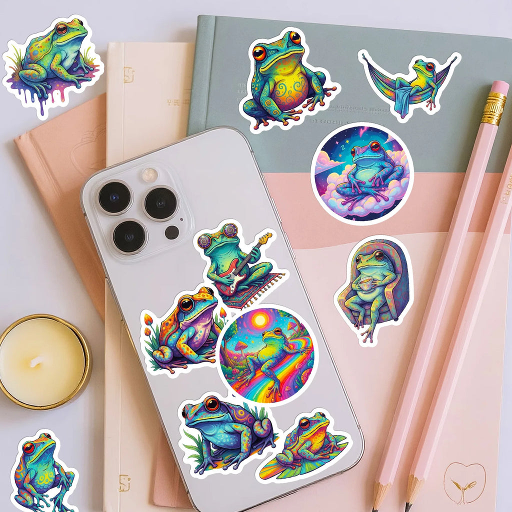 56/112 Pcs Reusable Cartoon Frog Decal Stickers for DIY Helmet Skateboard Guitar Piano Notebook Stationery Box Suitcase Fridge
