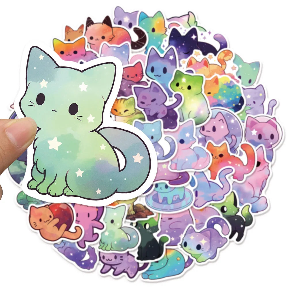 50PCS Cartoon Rainbow Starry Sky Cat Stickers Cute and Beautiful Cat DIY Stickers Manual Tags Flat Toys Decorative Stickers