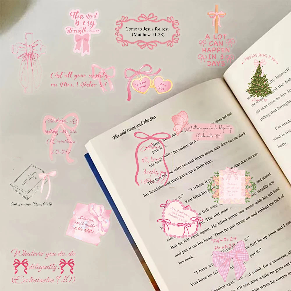 50PCS Pink Bow Bible Stickers Aesthetic Stationary Harajuku Bicycle Laptop Luggage Phone DIY Art Picture Suitcase Sticker