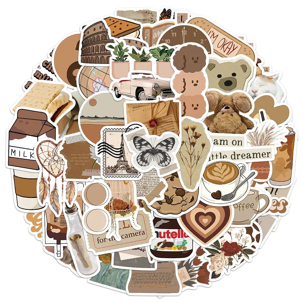 50PCS Brown Aesthetic Decorative Cartoon Stickers Fun Stickers DIY Manual Scrapbook Fixed Phone Laptop Stickers Toy