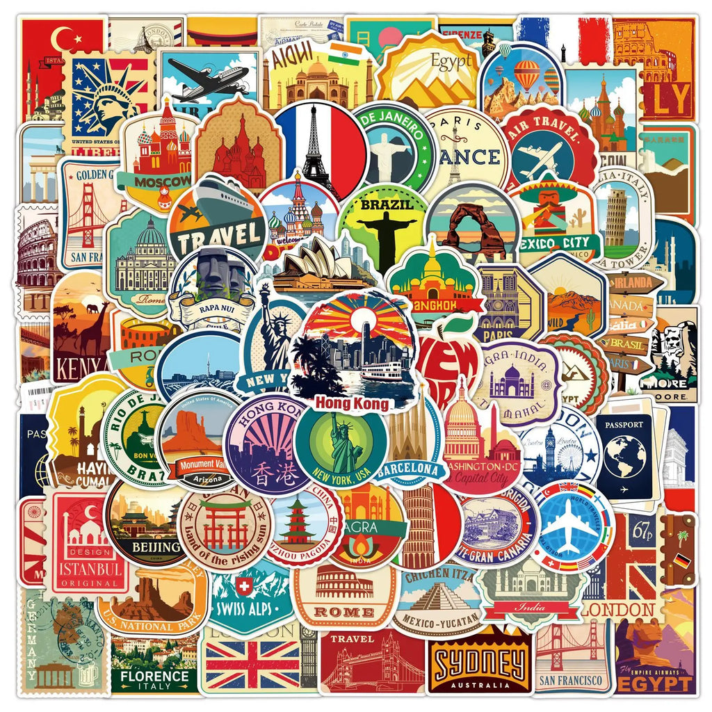 100PCS Travel Graffiti Stickers Car Phone Computer Guitar Decorative Stickers Notebook Waterproof Stationery Stickers
