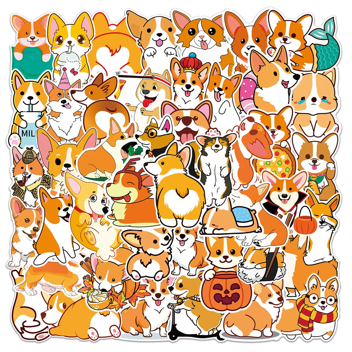 50PCS/pack Cute Cartoon Pet Dog Corgi Graffiti Stickers For Water Cup Trolley Stationery ,Non Repetitive Waterproof Stickers