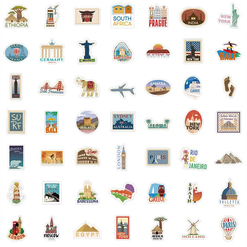100Pcs World Famous Travel Landmark Doodle Stickers, Stationery Notebook Phone Guitar Fridge Luggage Waterproof Decals Stickers