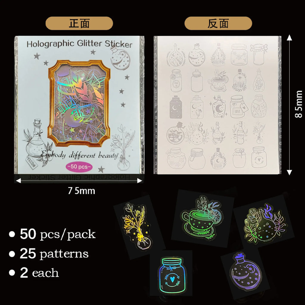 50PCS Holographic Laser Stickers Transparent Retro DIY Decoration Sparkling Creative Handmade Stationery PET Sticker Pack