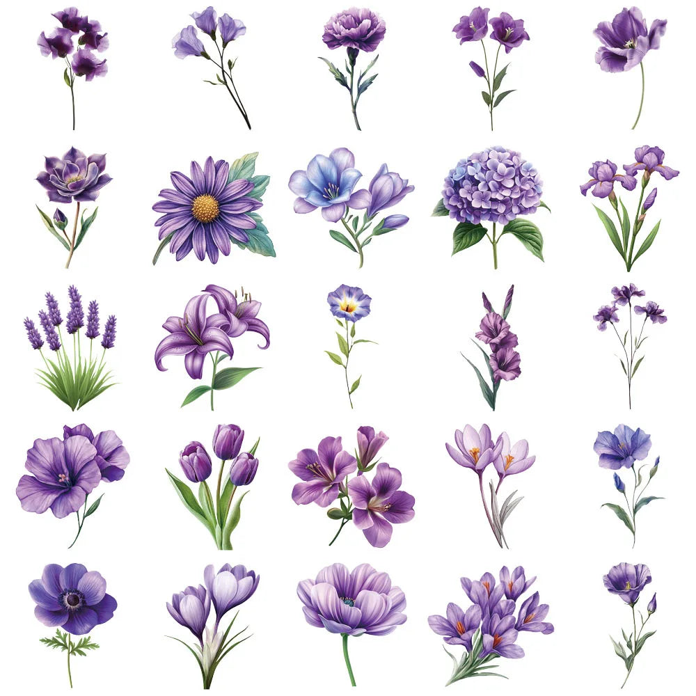 50Pcs Cartoon Purple Flower Sticker Packs Waterproof Transparent PET Decor Guitar Notebook Stationary Stickers