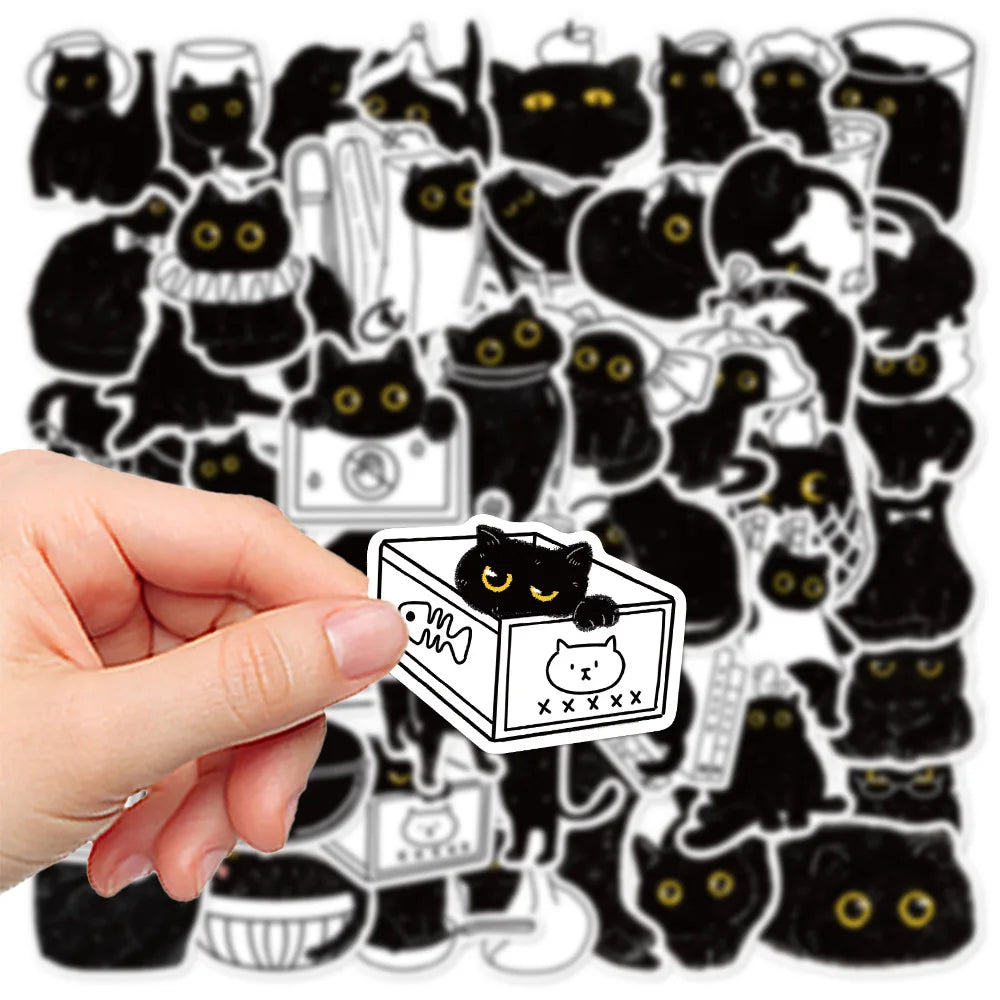 50PCS Black Cat Log Stickers Pack Cartoon Account Children Stickers Phone Water Cup Notebook Decoration