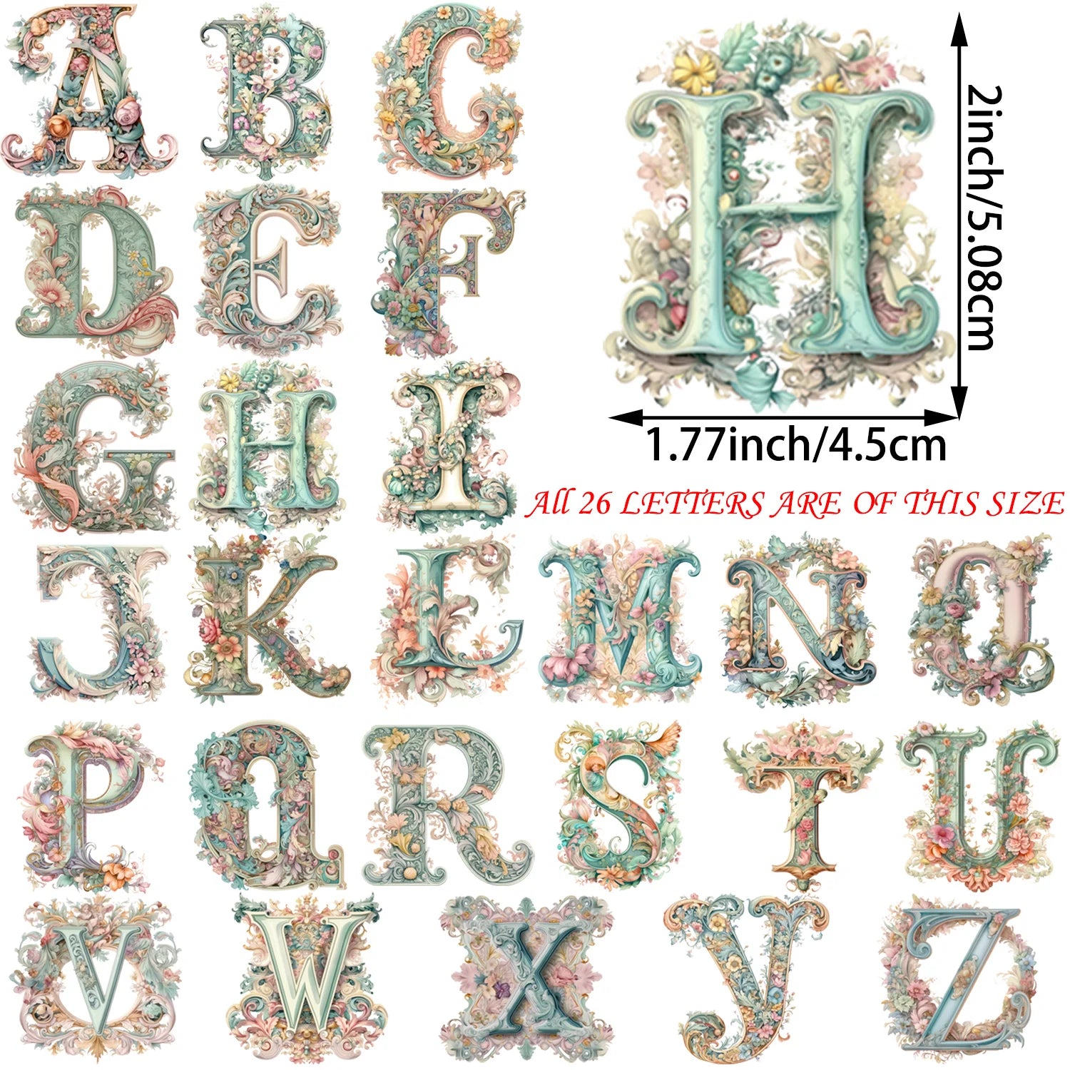 2 Sets of 2 Inch Personalized Floral English Alphabet Theme Print Iron-On Decals for Heat Transfer Galaxy Inspirational Decals