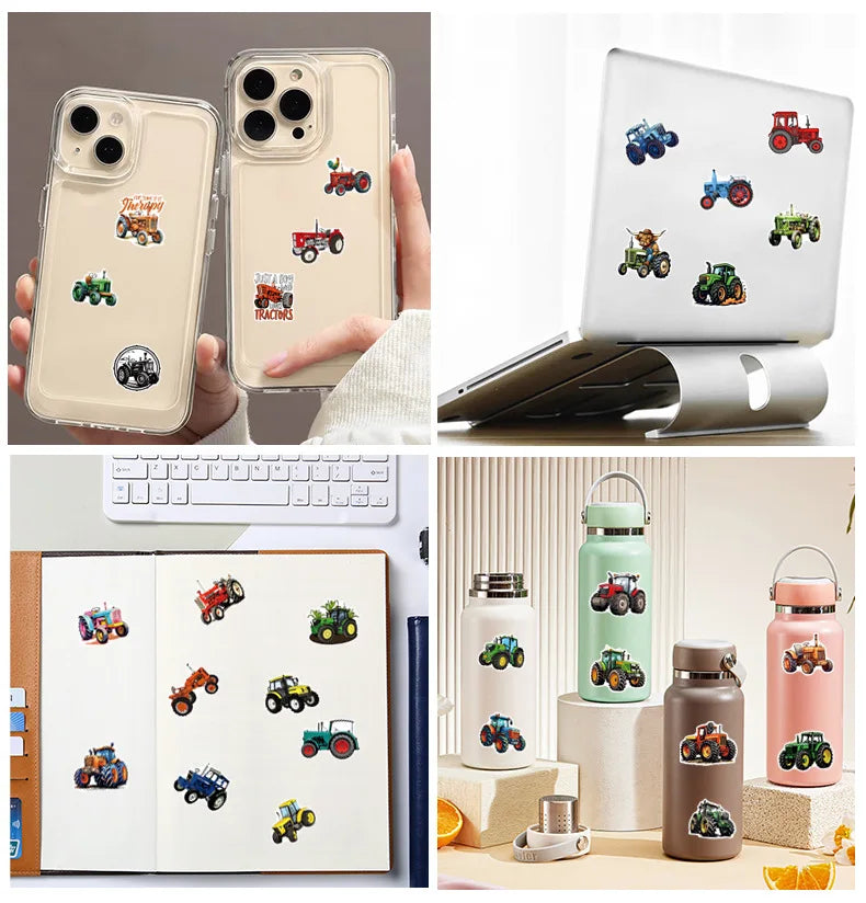50/100 Pcs Cartoon Farm Tractor Colorful HD Stickers for Phone Case Toolbox Fridge Cabinet Drawer Stationery Box Removable Decal