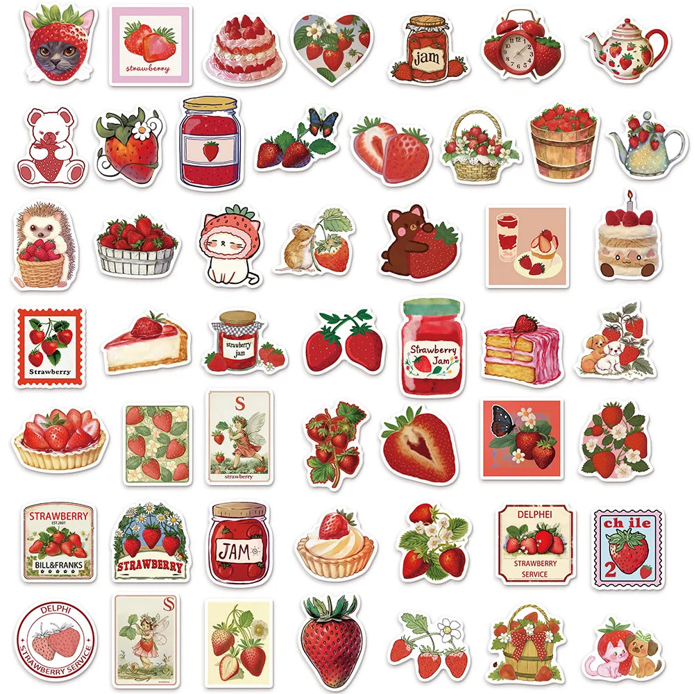 50PCS Red Strawberry Ins Fun DIY Stickers Scrapbook Manual Mobile Luggage Skateboard Waterproof Stickers