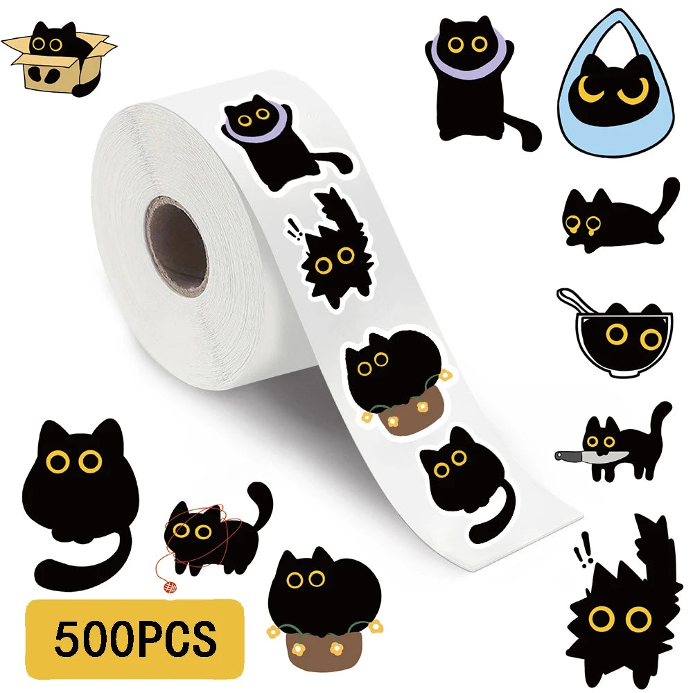500PCS Black Cat Roll Stickers Scrapbooking Phone Coffee Laptop Luggage Skateboard Harajuku Stickers For Waterproof Decoration