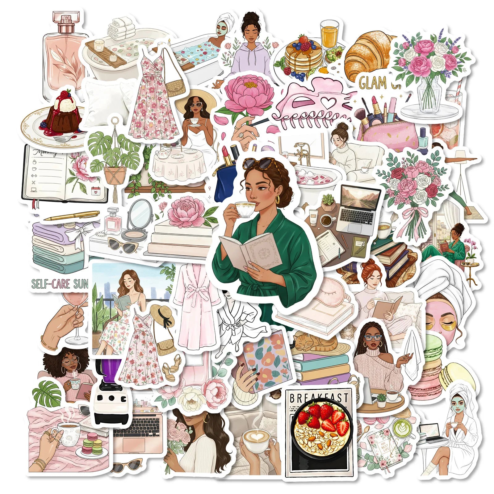 50/100PCS Elegant Women's Life Stickers Skincare Reading Dressing Decoration Stationery Notebook Window Stickers