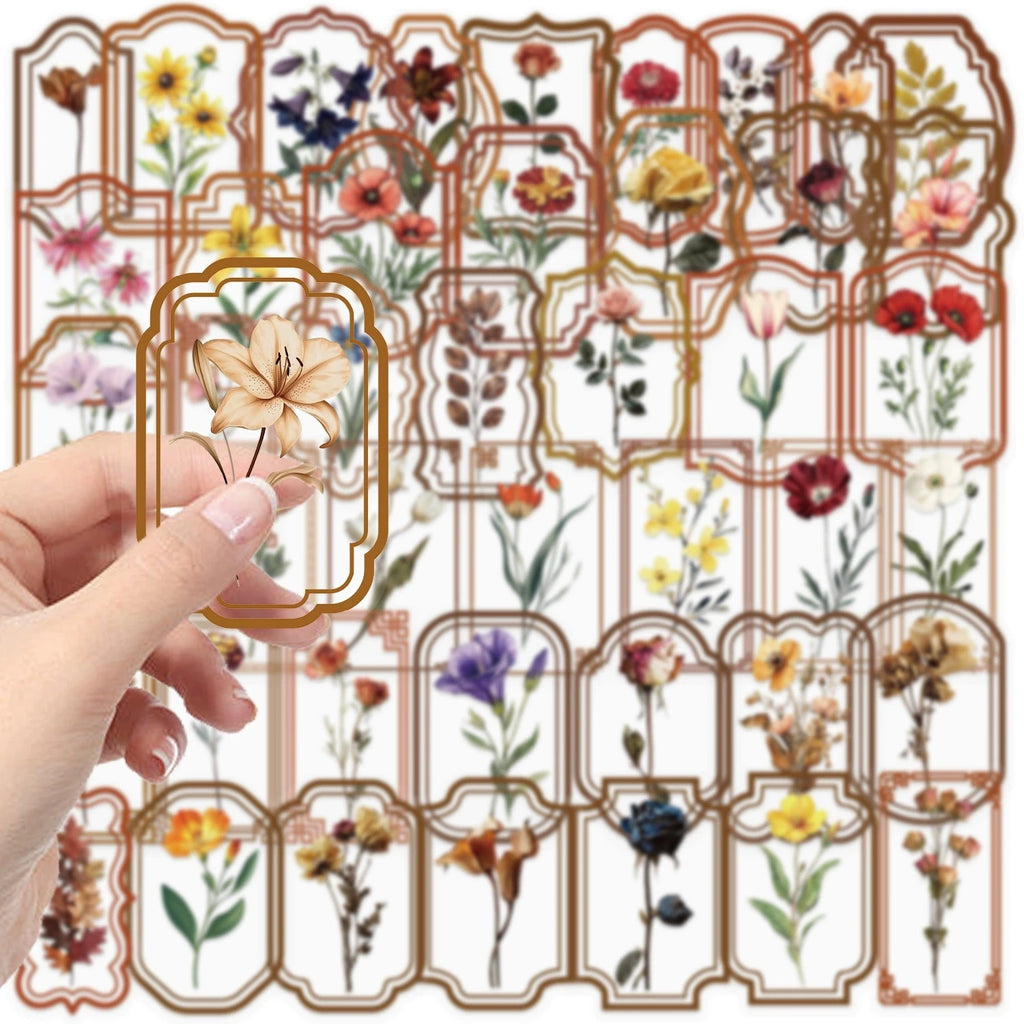 50/100PCS Retro Plant Sticker Pack Waterproof Transparent PET Stationery Box Pen Holder Glass Decor Guitar Notebook Stickers