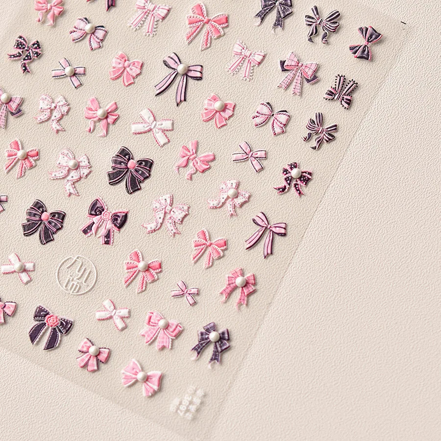 Sweet Pink Black Bow Kont Nail Charms Stickers 5D Luxury Crystal Diamond Nail Sticker Retro Ribbon Bow Adhesive Manicure Decals