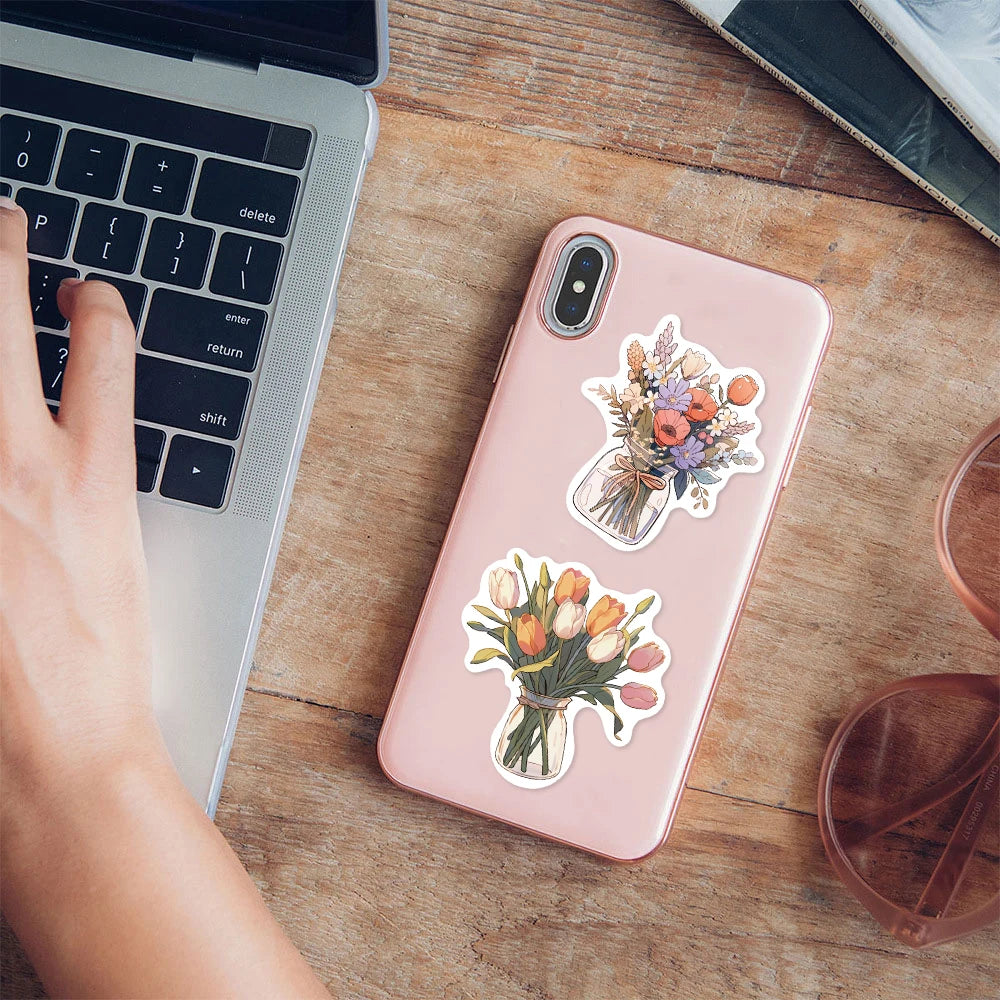 50PCS Color Bottle Flower Sticker Pack Waterproof Stickers DIY Brochure Flower Material Decoration Notebook Waterproof Stickers
