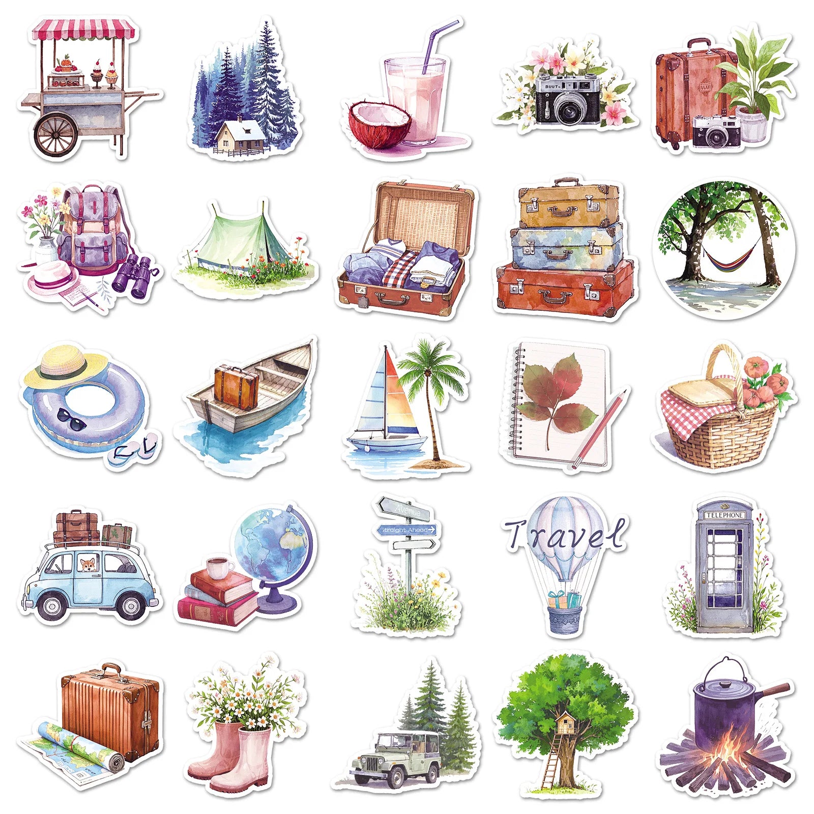 50-Pack Waterproof Outdoor Camping Graffiti Stickers for Phones Laptops Helmet Suitcase Watercolor Landscape Decor