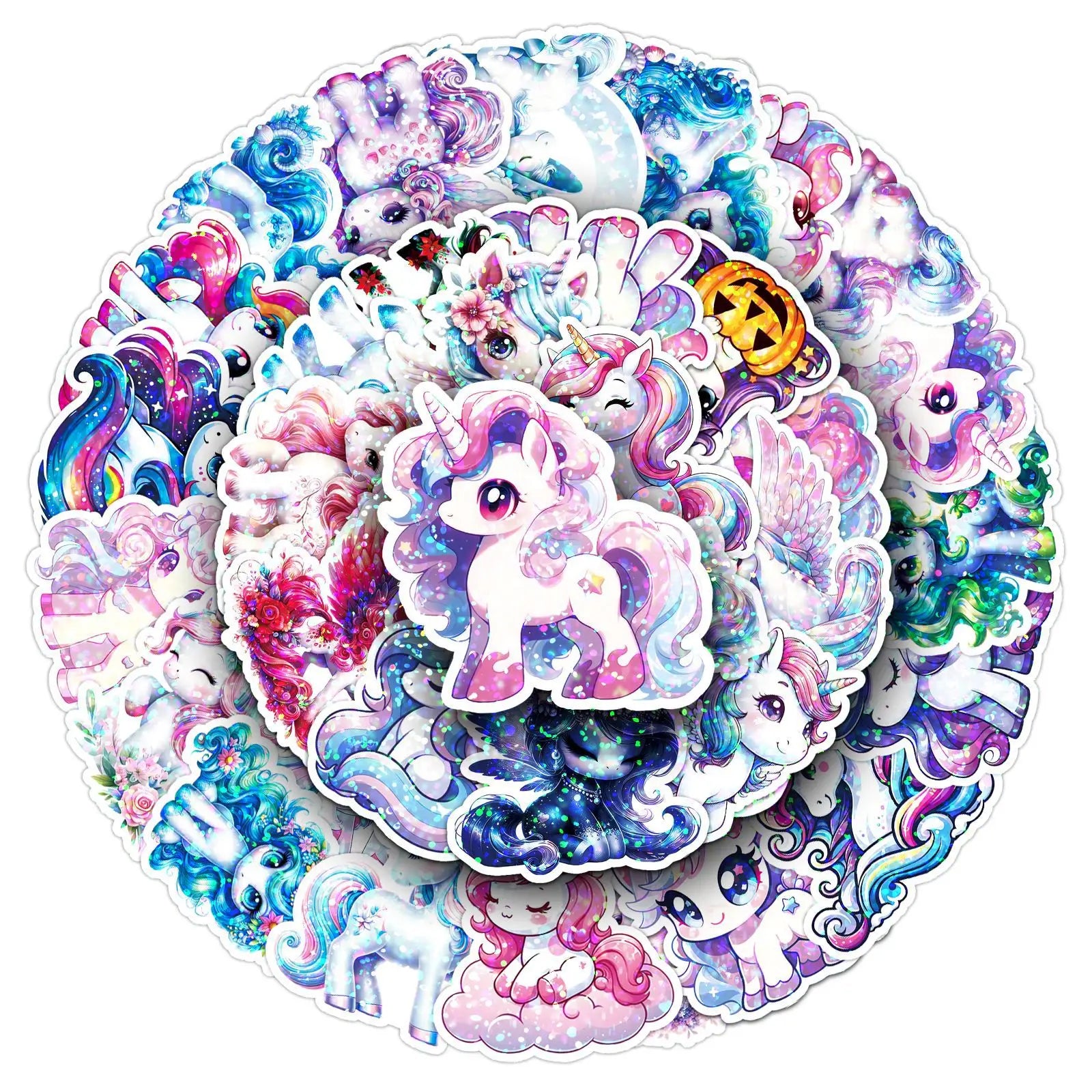 50PCS Flash Film Laser Unicorn Stickers Cute Cartoon Animal Phone Computer Stationery Notebook Waterproof Decoration Stickert