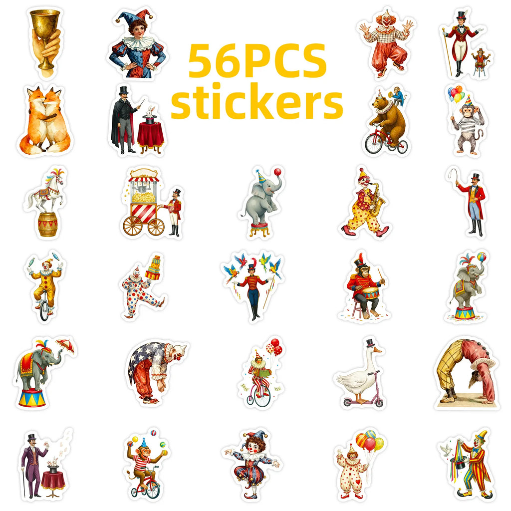 56PCS Circus Clown Animal Vintage Cartoon Stickers, Notebook Phone Suitcase Kids Stationery Creative Waterproof Stickers