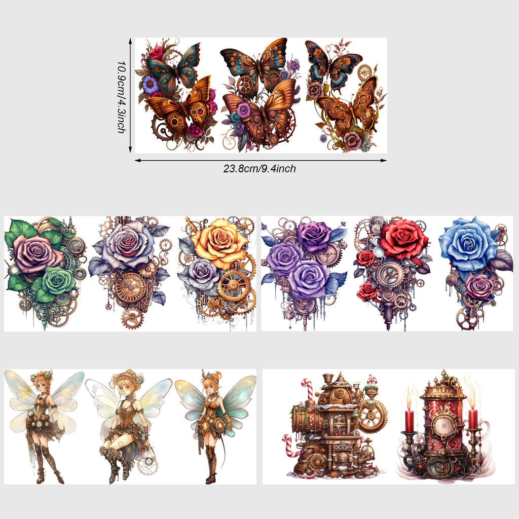 q5 sheets Steampunk UV DTF Cup Stickers, DTF Friction Transfer Stickers, Waterproof Cartoon Transfer Stickers for 16oz Glass Cup