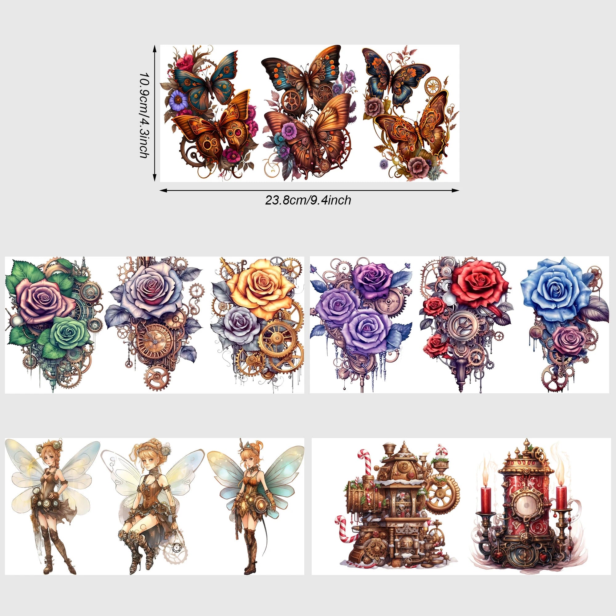 q5 sheets Steampunk UV DTF Cup Stickers, DTF Friction Transfer Stickers, Waterproof Cartoon Transfer Stickers for 16oz Glass Cup