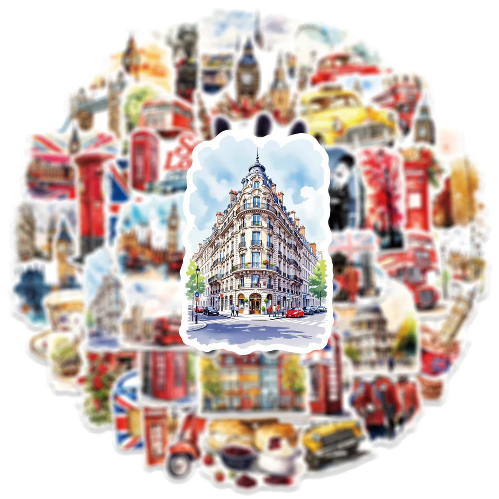 50-Pack Watercolor London Scene Stickers Students Guitar Notebook Luggage DIY Waterproof Decals