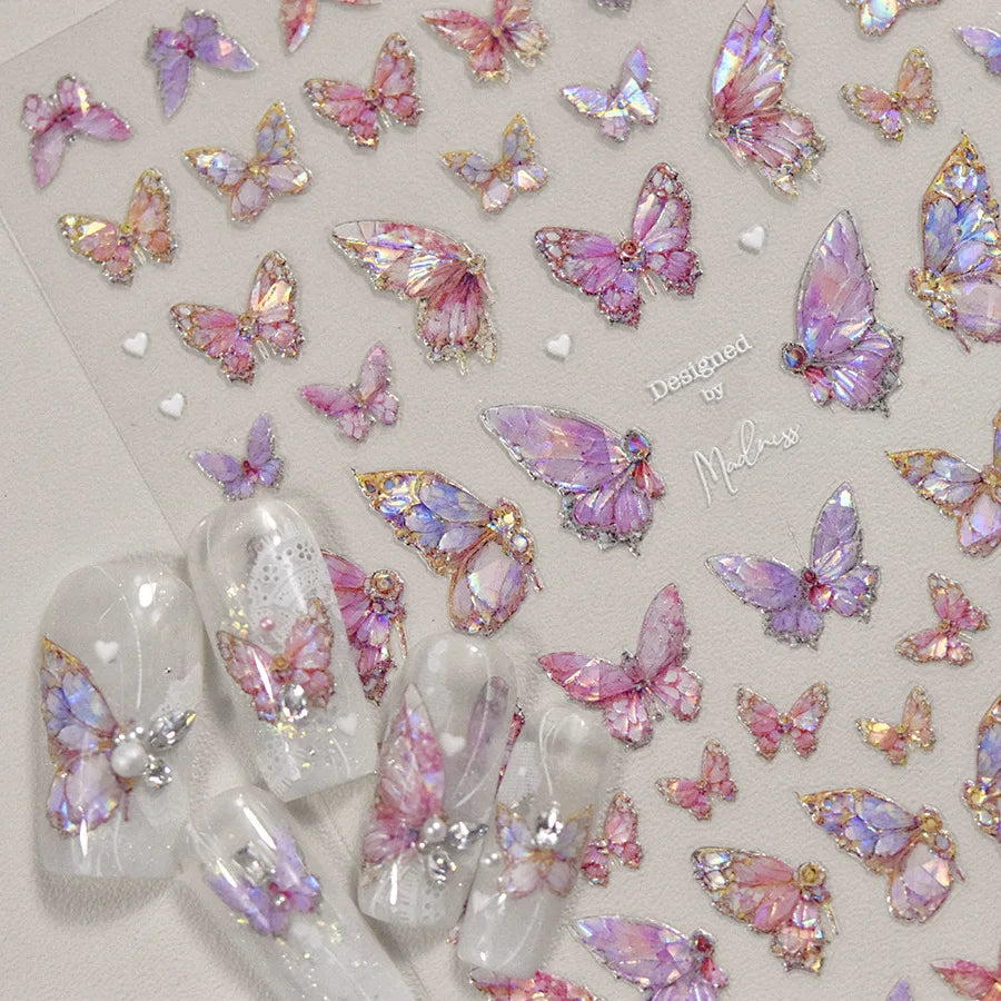 1pcs 5D Japanese Kawaii Butterfly Nail Stickers Luxury Glitter Shell Aurora Nail Art Decorations Decals DIY Manicure Slider Foil