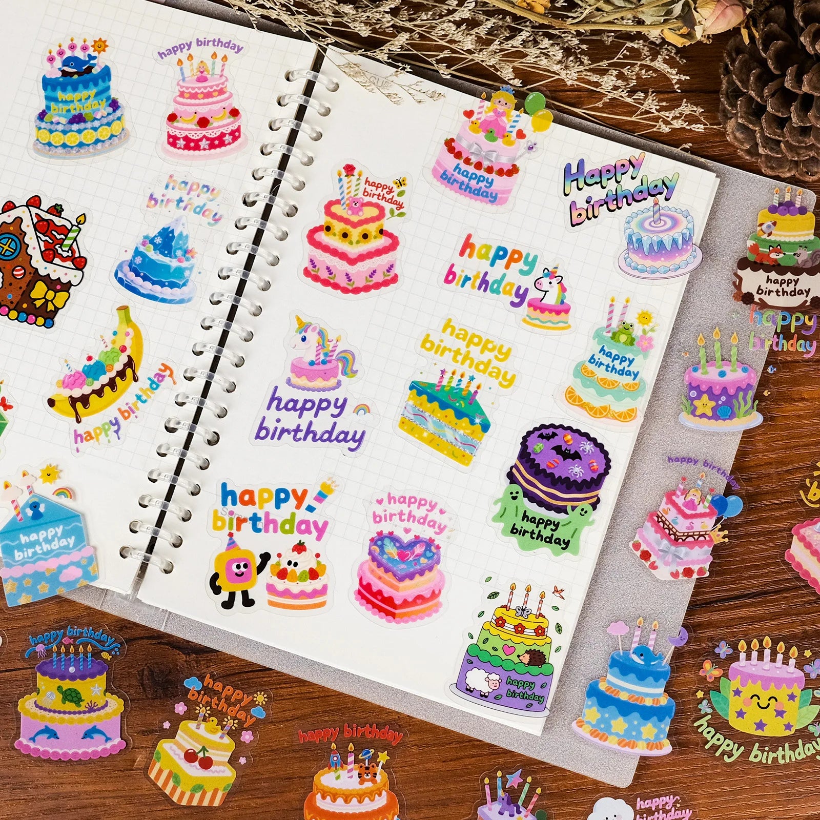 56PCS Cartoon Birthday Cake Transparent PET Stickers Children's Birthday Gifts Waterproof Decoration Stationery Notebook Sticker