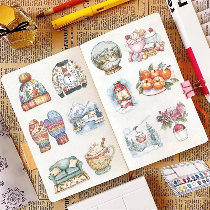 50PCS Kawaii Winter Animal PET Sticky Sticker Aesthetic Tear Open Children's Decoration Scrapbooking Stationery Supplies