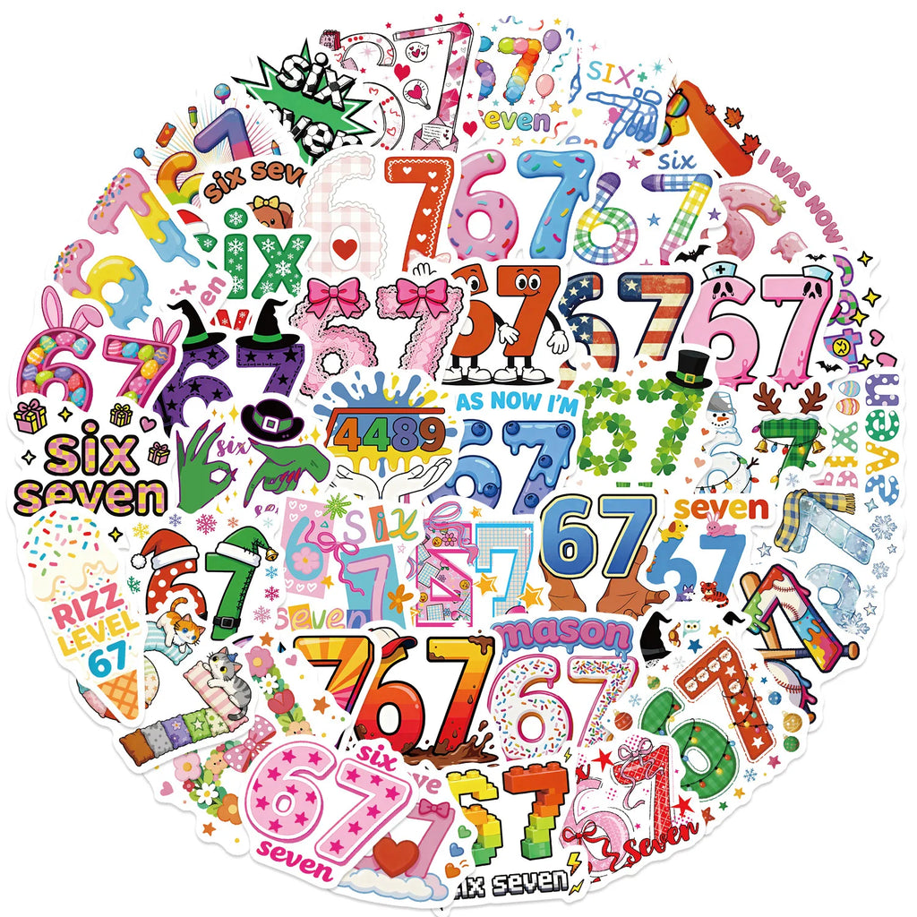 50/100PCS Cartoon Number 67 Doodle Stickers, Creative Decals for Guitar Notebook Suitcase Stationery Phone Case DIY Decor
