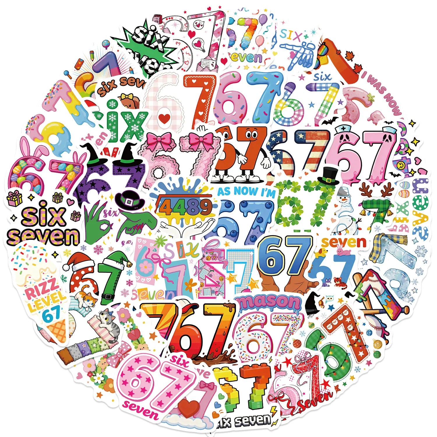 50/100PCS Cartoon Number 67 Doodle Stickers, Creative Decals for Guitar Notebook Suitcase Stationery Phone Case DIY Decor