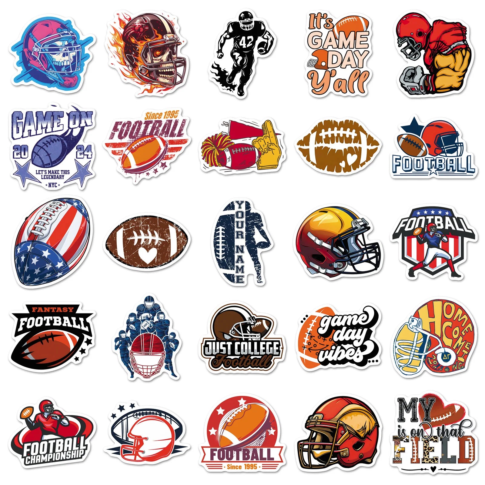 50Pcs US Football Sports Stickers, Waterproof Student Notebook Decals Phone Car Skateboard Fridge Luggage Decor Stickers